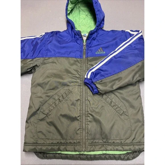 Adidas Youth Coat Hooded Vintage 3 stripe Size Small Y2K Blue Green Liner - Picture 2 of 6